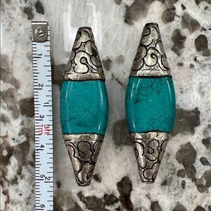 Tibetan Sterling Silver and Turquoise Beads set of 2   17mmx49mm